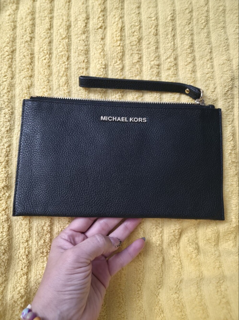 Michael Kors Black Pebbled Leather Wristlet with Gold Logo